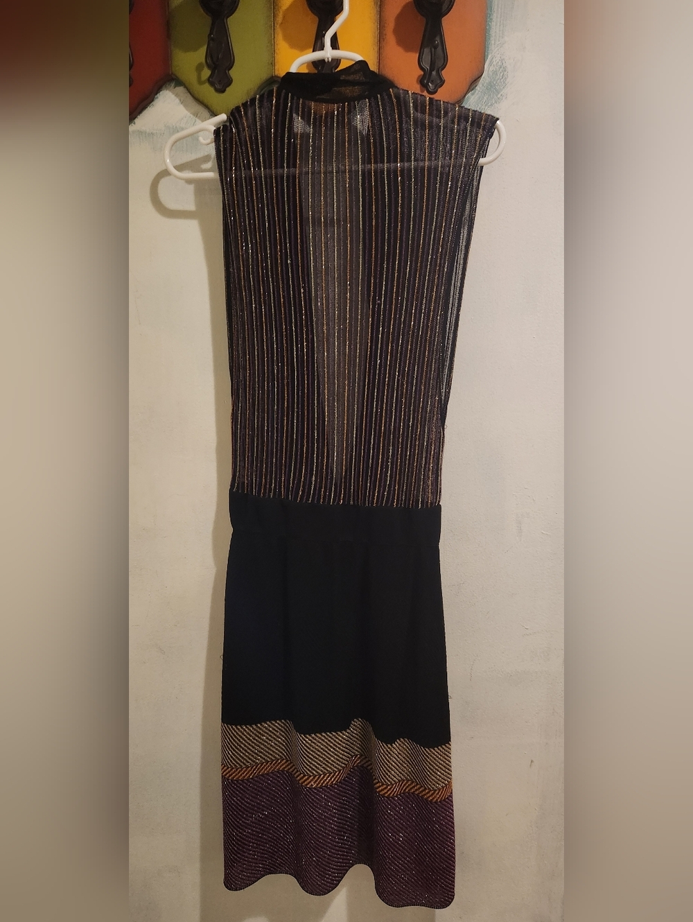 Black Gold Purple Sheer Top, Striped Dress Open Back Not Sized Fit X Small Or SM